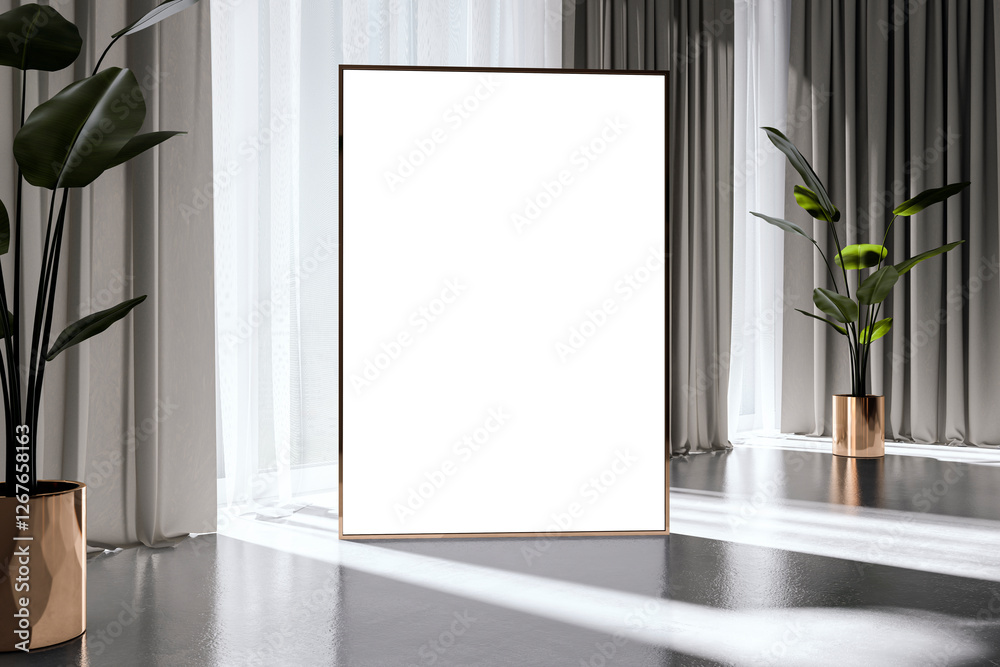 Poster blank poster frame mockup in modern interior with sunlight and shadows. large empty canvas standing 