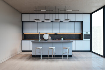 Modern kitchen interior with sleek white cabinets, black countertops, and pendant lighting. Spacious design with city view from large window. 3D Rendering