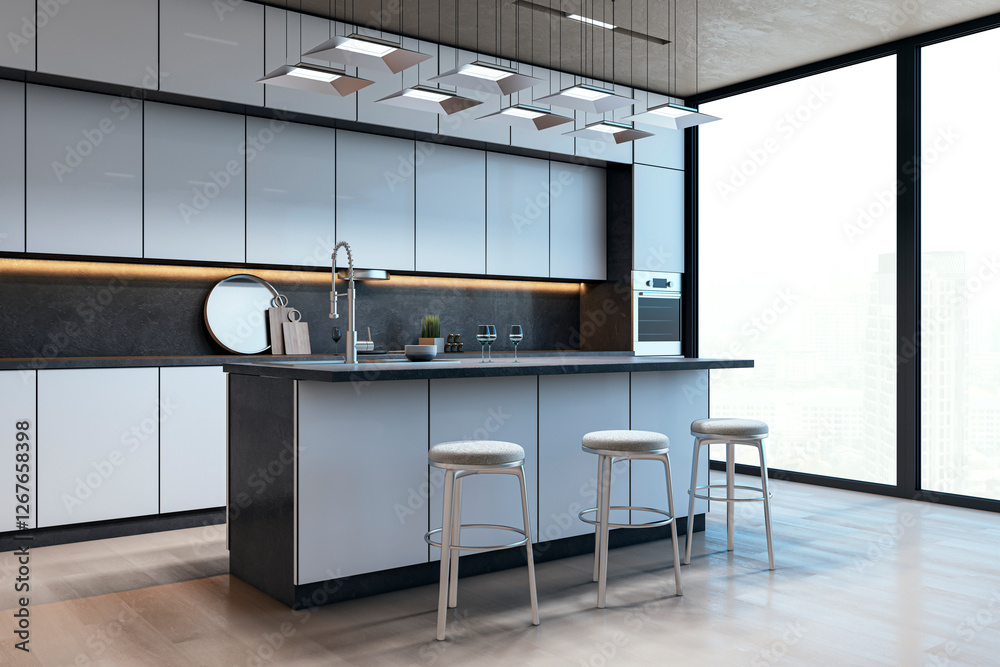 Poster modern kitchen interior with sleek design and city view through large windows. 3d rendering