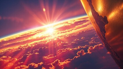 Stunning Sunset Over Earth with Solar Rays and Visible Solar Spots Dramatic Sky with Vibrant Colors and Copy Space for Text Incorporation