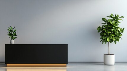 Fototapeta premium Clean Simplicity: A modern reception desk with a sleek black surface placed against a light gray wall in a minimalist office. 