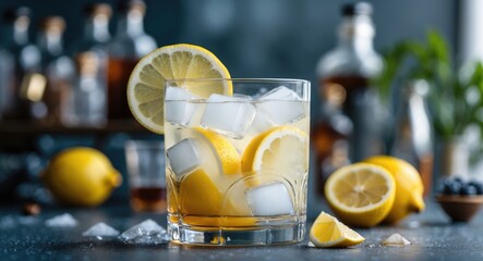 Refreshing cocktail with lemon slices and ice cubes in a glass against a blurred bar background ideal for summer drink promotions.