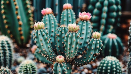 Fototapeta premium Vibrant Close Up of Cactus Plants with Blooming Flowers on Green Background Ideal for Nature and Gardening Themes