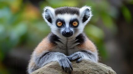 Fototapeta premium A small lemur perches on a rock, resting its paws on the surface, showcasing its curious expression and unique features.