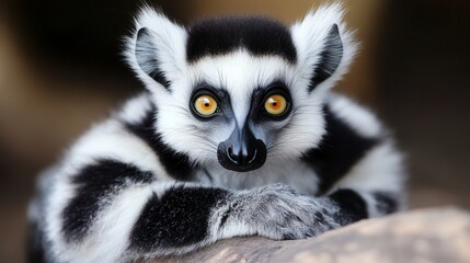 Fototapeta premium A black and white lemur features striking yellow eyes, showcasing its unique and captivating appearance in a natural setting.
