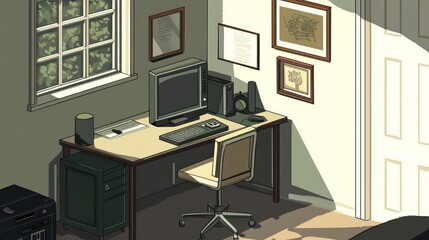 Sunny home office, retro computer, artwork, peaceful background, ideal for website header