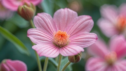 Obraz premium Delicate Pink Flower Blooming with Soft Petals and Vibrant Center in a Natural Garden Setting with Space for Text Overlay