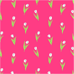 Seamless pattern with tulips on a pink background. illustration background. Flat illustration.