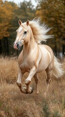Obraz premium Elegant golden horse galloping through autumn fields surrounded by colored foliage in soft afternoon light