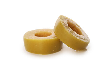 Slices of delicious marinated green olive isolated on white