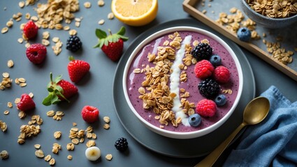 Acai Bowl Topped With Granola And Fresh Berries On Table With Lemon Slices And Oats Displayed Flat Lay Arrangement