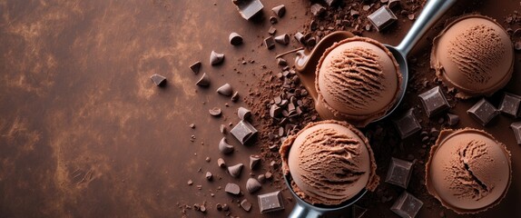 Chocolate Ice Cream Scoops on a Brown Textured Surface with Cocoa Pieces and Empty Space for Text or Branding