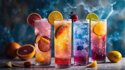 Vibrant Sparkling Fruit Cocktails in Glasses with Citrus Garnishes and Bubbles for Refreshing Summer Beverage Ideas