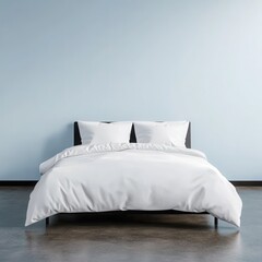 Sleek Modernity: A 3D rendering of a bed with a white cover, positioned diagonally in the center of a contemporary bedroom. 