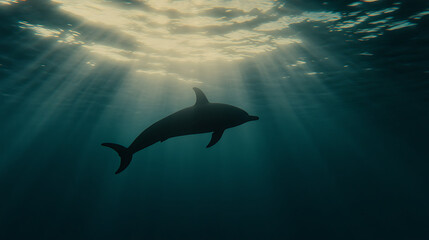 Dolphin Silhouette Submerged in Ocean Water Bathed in Sunrays Beautiful Aquatic Scene Undersea View