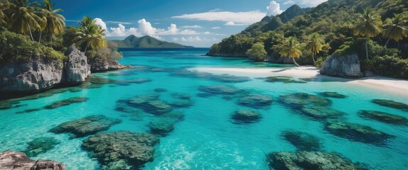 Obraz premium Tropical Paradise with Crystal Clear Waters and Scenic Islands Ideal for Tourism and Travel Promotions