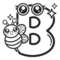 Learning card alphabet. Letter B. Cute cartoon illustrations. Coloring page