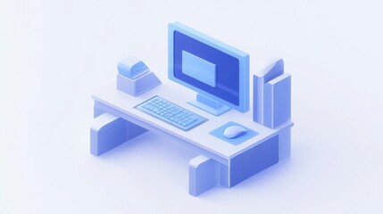 3D isometric office desk with computer, minimal style