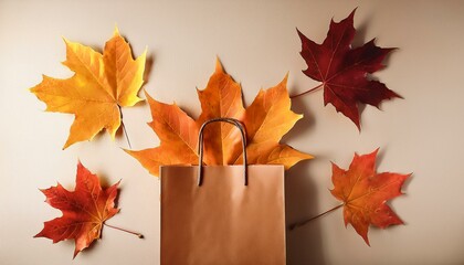 minimalistic autumn concept with brown paper bag and maple leaves generative ai