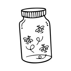 a black and white drawing of a fireflies in glass jar : magical summer night illustration
