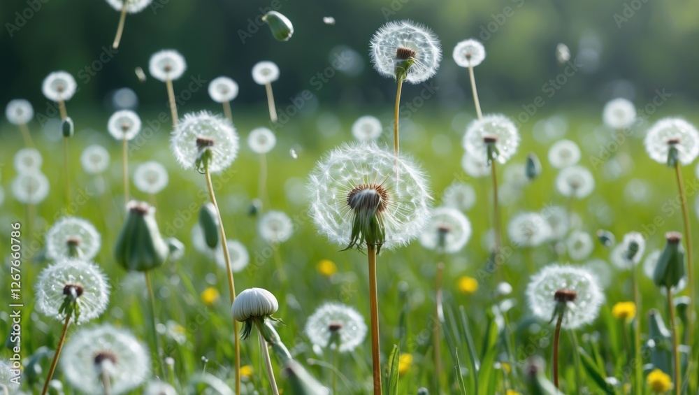 Poster dandelion meadow with floating seeds create a serene nature scene highlighting pollination and green