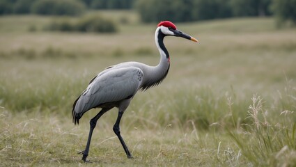 Obraz premium Elegant Crane Striding Through Lush Green Grassland Under Soft Natural Light