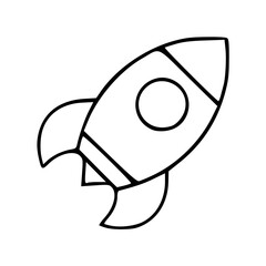 a black and white drawing of a cartoon rocket icon