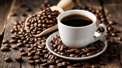 Fototapeta premium Freshly brewed coffee in a white cup surrounded by roasted coffee beans on a rustic wooden surface, evoking a cozy atmosphere.