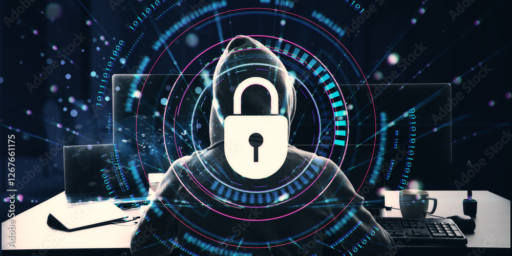 Poster Cybersecurity concept with hacker in hoodie and padlock icon.