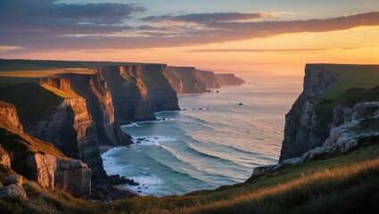Serene Coastal Cliffs at Sunset with Gentle Waves and Vibrant Skies Overlooking the Ocean vista