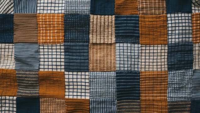 Colorful patchwork textile background featuring various checkered and striped patterns in warm and cool tones. Perfect for design projects.
