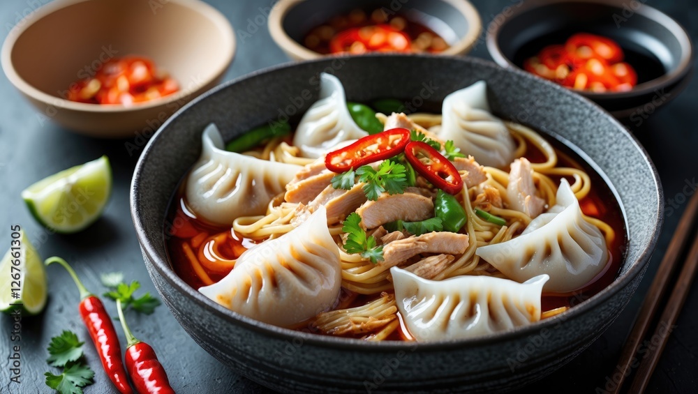 Wall mural Chicken noodles garnished with chili oil dumplings and fresh herbs in a dark bowl, served with lime and red chilies on a textured background.