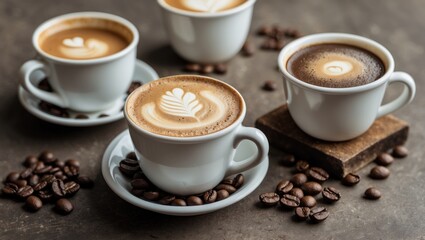 Delicious Cold Coffee Cups with Beautiful Latte Art and Coffee Beans on Rustic Table with Space for Text and Branding