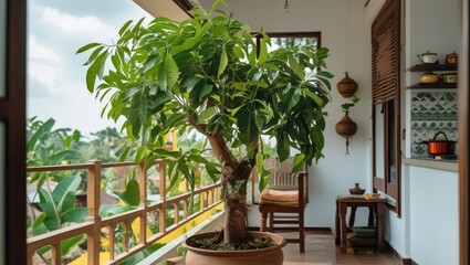 Fototapeta premium Curry Leaf Tree in a Cozy Kitchen Balcony Garden Surrounded by Lush Greenery in Kerala India