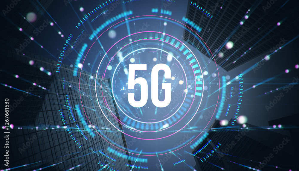 Poster futuristic 5g technology digital interface with glowing holographic elements.