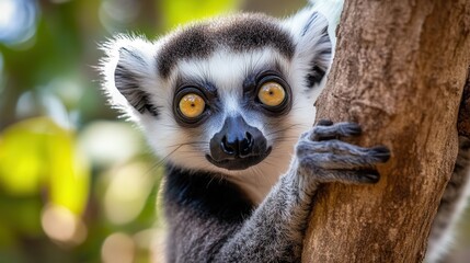 Fototapeta premium A close-up image of a lemur gazing directly at the camera, showcasing its expressive eyes and distinctive facial features.