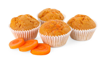 Tasty carrot muffins and cut vegetable isolated on white