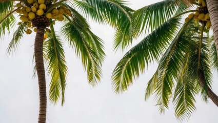 Fototapeta premium Coconut Palms Against a Light Sky Backdrop Featuring Lush Green Leaves and Fruits Focused on Tropical Nature and Scenic Beauty