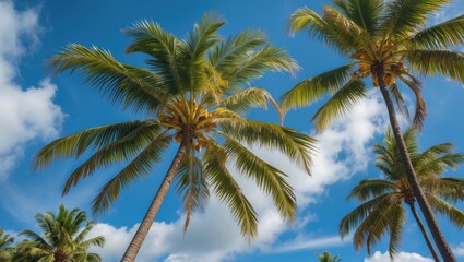Tropical Coconut Palm Trees Against a Bright Blue Sky with Fluffy Clouds in a Relaxing Coastal Setting