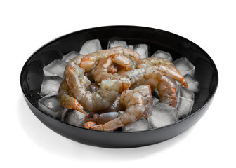 Fresh raw shrimps with ice cubes in bowl isolated on white
