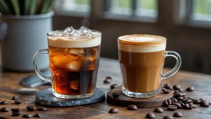 Refreshing Cold Brew and Smooth Americano Coffee with Ice on a Rustic Wooden Table with Coffee Beans
