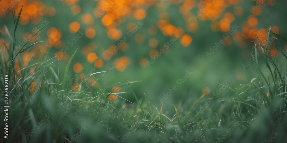 Poster defocused grass background with green and orange bokeh effect and space for text overlay in nature i
