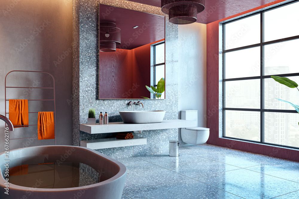 Poster modern bathroom interior with large window and city view. 3d rendering
