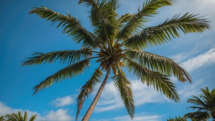 Coconut Palm Tree Against a Clear Blue Sky with Fluffy Clouds and Tropical Landscape Elements