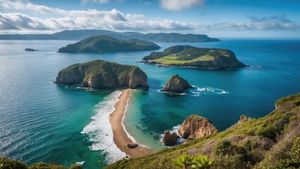 Obraz premium Breathtaking aerial view of coastal islands surrounded by turquoise waters and sandy shores under a clear blue sky.