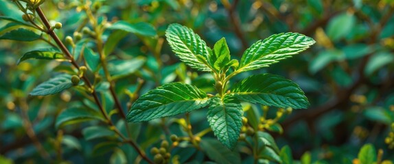 Close-Up of Fresh Mentha Leaves on a Lush Green Bush Showcasing Vibrant Foliage and Natural Growth in Sunny Environment
