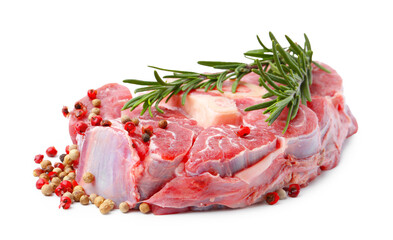 Piece of raw beef meat and spices isolated on white