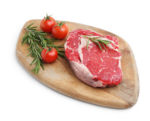 Piece of raw beef meat, rosemary and tomatoes isolated on white