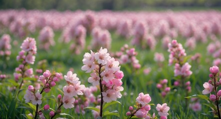Obraz premium Pink Flower Blooms on Lush Green Meadow with Soft Focus Background in a Serene Nature Landscape