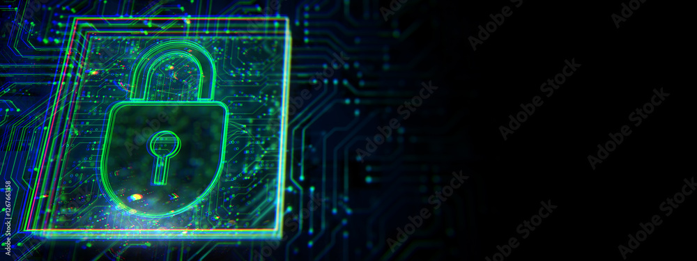 Poster Neon digital padlock icon on a futuristic circuit board background. 3D Rendering